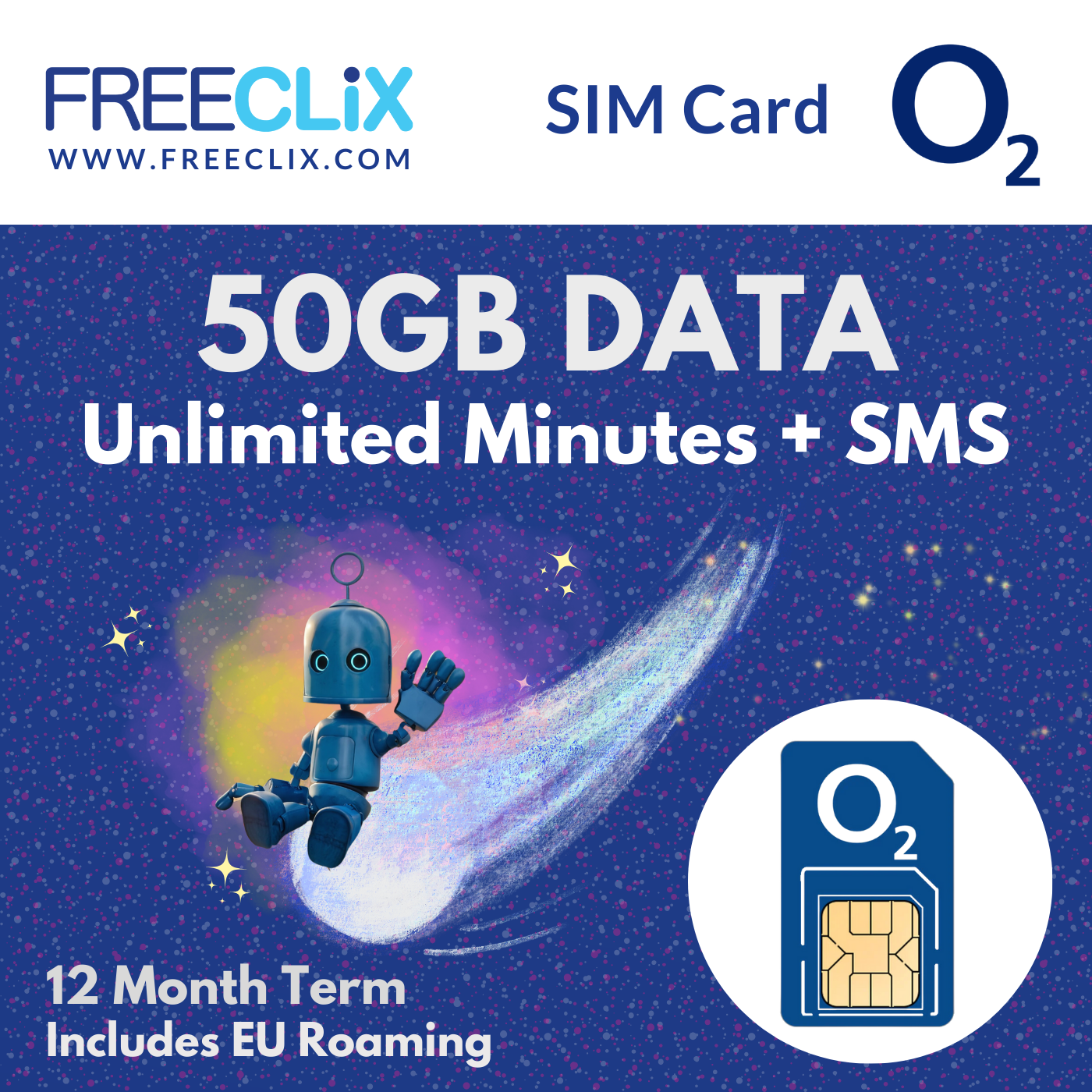 O2 50GB Data + Unlimited Minutes & Texts – FreeClix