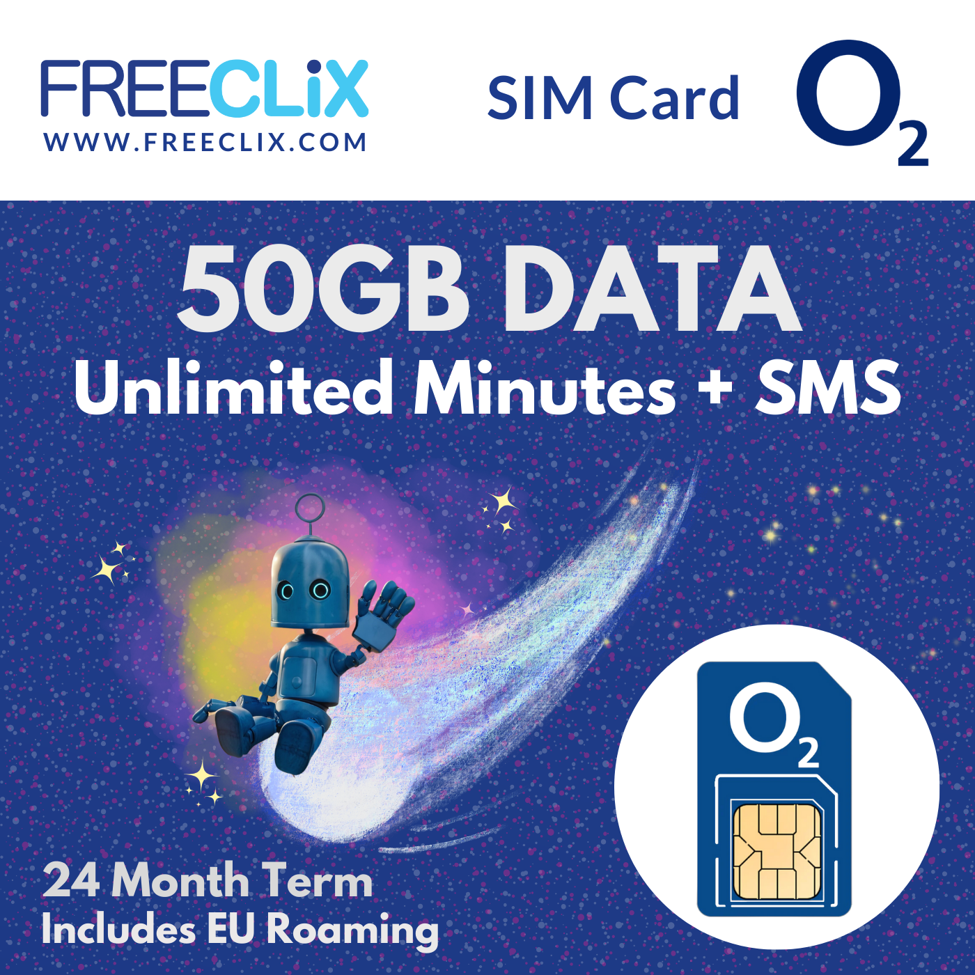 O2 50GB Data + Unlimited Minutes & Texts – FreeClix