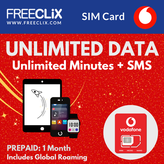 Vodafone Unlimited Data + Minutes & Texts + RLAH. Pre-Paid.