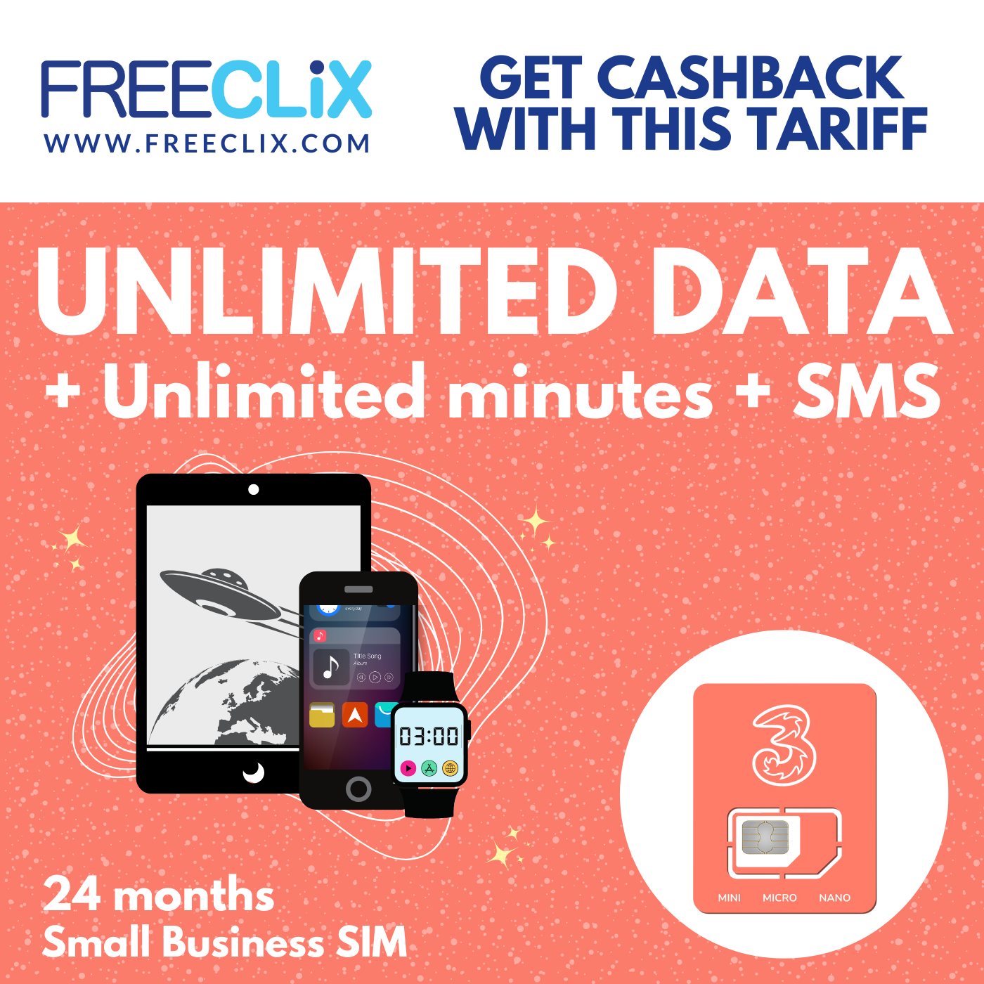 Three Business SIM £17pm Unlimited Data, Mins & Texts - 24 month