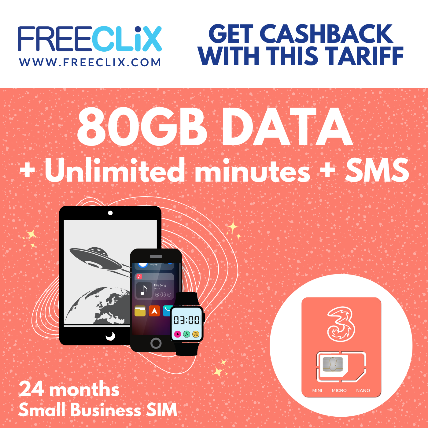 Three Business SIM £11pm 80GB Data + Unlimited Mins & Texts - 24 month