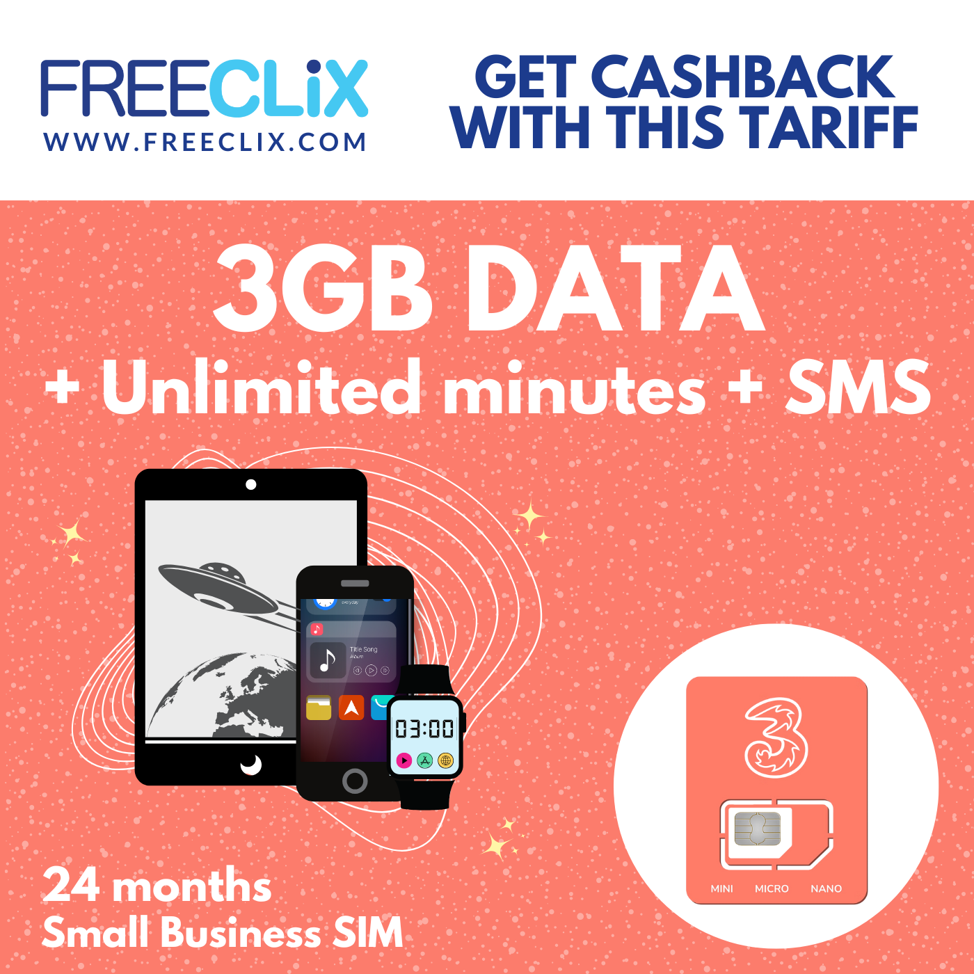 Three Business SIM £8pm 3GB Data + Unlimited Mins & Texts - 24 month