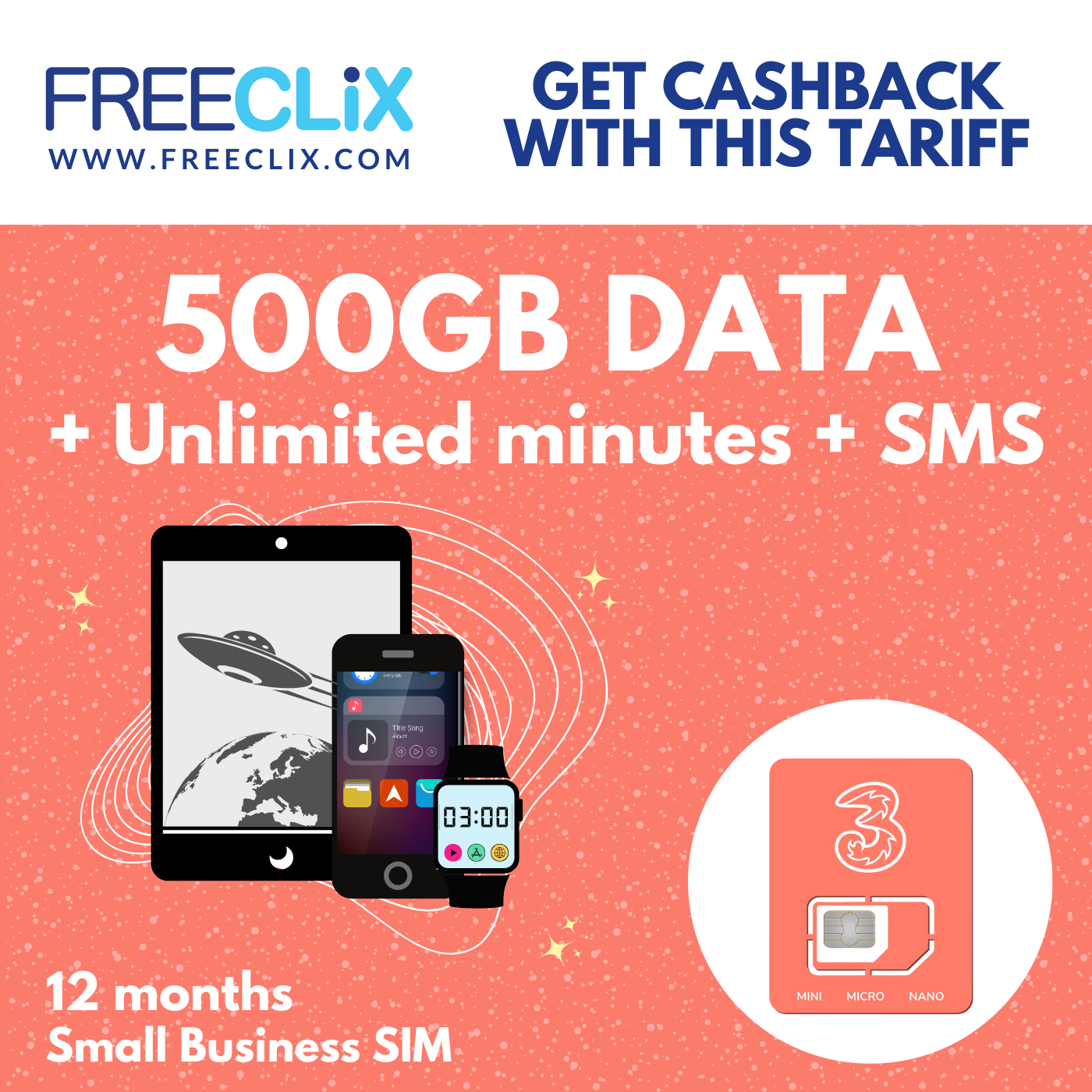 Three Business SIM £17pm 500GB Data + Unlimited Mins & Texts - 12 month