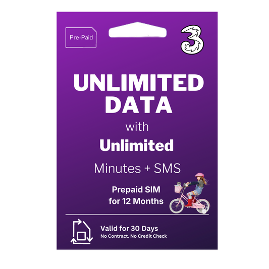 Three Unlimited Data Sim 12 Month Preloaded Data SIM - UK Only - 4G/5G Mobile Broadband - For Routers, Tablets, Phones, Laptops + IoT Devices